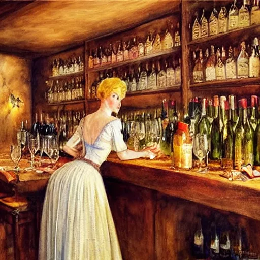 Prompt: beautiful blonde in hot dress in a wine cellar, food, pork, beer, schnapps, rustic, traditional, torches on the wall, watercolor by vladimir volegov, highly detailed, masterpiece, details by carl larsson