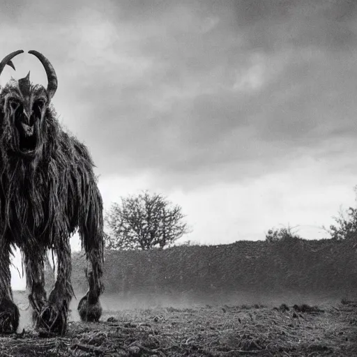 Image similar to horror, moody, still from film, daytime, muddy village square, wide shot, huge, roaring mutant goat monster, powerful, creeping along on ugly stumpy legs, filthy jagged teeth in unnaturally large mouth, matted dirty fur, in muddy medieval village square