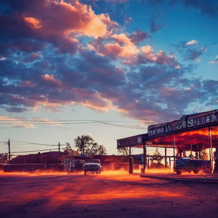 Image similar to a sunset light landscape with historical route 6 6, lots of sparkling details and sun ray ’ s, blinding backlight, smoke, volumetric lighting, colorful, octane, 3 5 mm, abandoned gas station, old rusty pickup - truck, beautiful epic colored reflections, very colorful heavenly, softlight