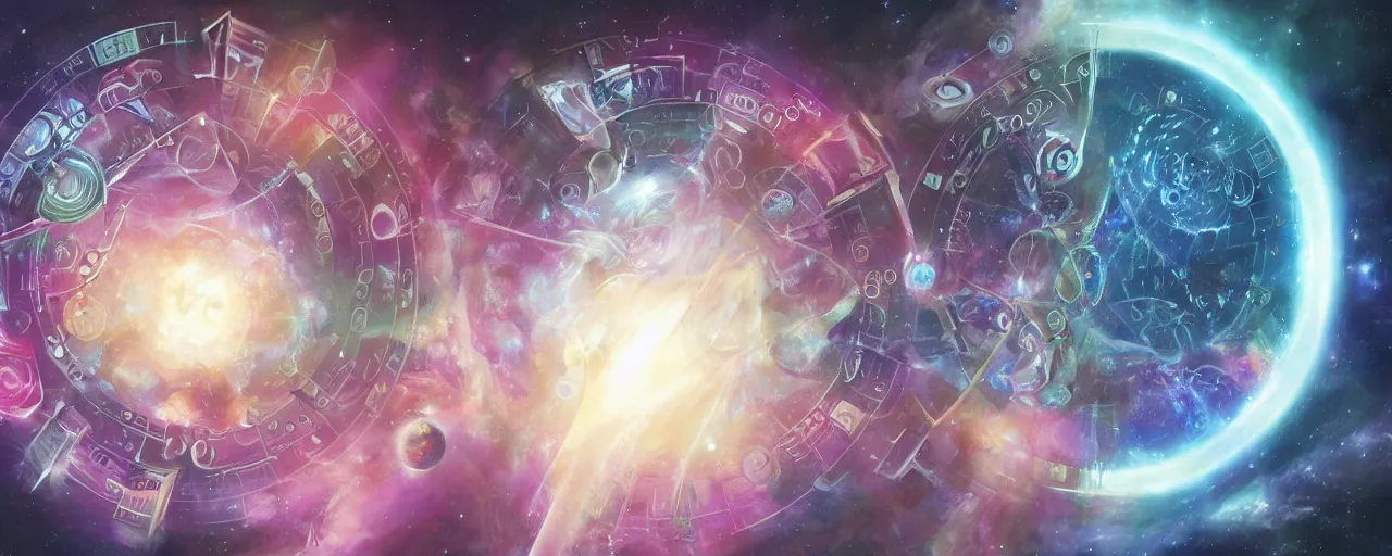 Image similar to void manifold, timeline nexus, ascending universes, shining nordic runes, galaxy worth of computation, an illustration of philosophical concept by cgsociety and james gurney