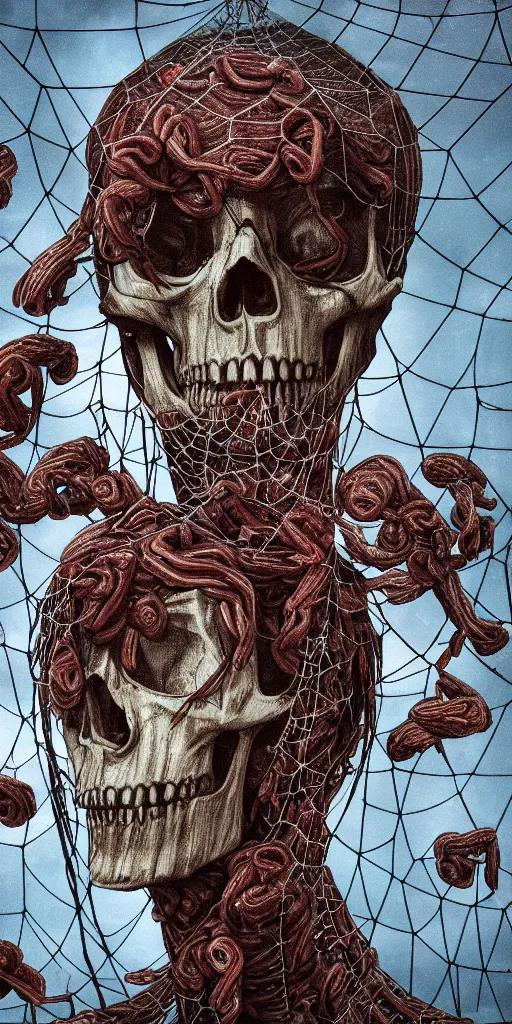 Image similar to a photorealistic giant skull wrapped in intestines, swarming with insects, in a giant spiderweb, ominous stormclouds, heavy rain and lightning, guro art, body horror, art by Shintaro Kago, 4K, cinematic, surreal LUT, epic lighting, photography, UHD, HDR