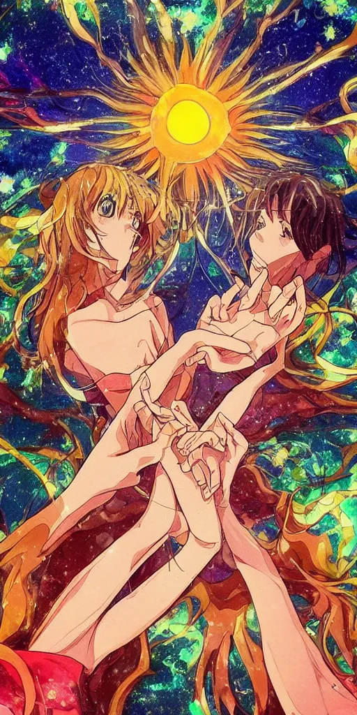 Prompt: a man and a woman holding hands under a beautiful sun drawn like the anime Your Name anime, intricate, psychedelic, Tarot card the Lovers