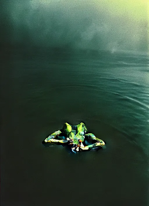 Image similar to “semitranslucent smiling frog vertically hovering over misty lake waters in crucifix pose, low angle, long cinematic shot by Andrei Tarkovsky, paranormal, eerie, mystical”