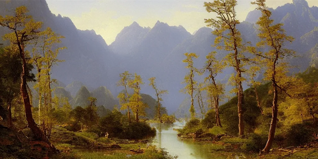 Image similar to art by alexandre calame of the cinematic view of the jiuzhaigou valley forest