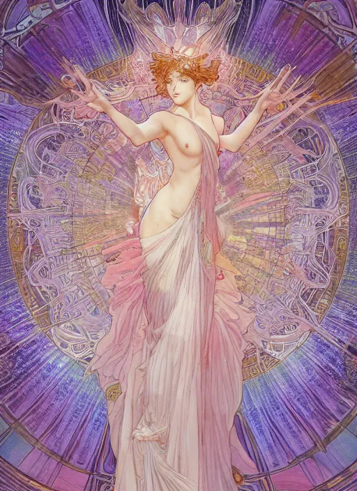 Image similar to goddess angel of tranquility::1 hyper detailed, character concept, full body, dynamic pose::2 intricate, lineart, cerpuscular rays, by yoshitaka amano, alfons mucha, 4k