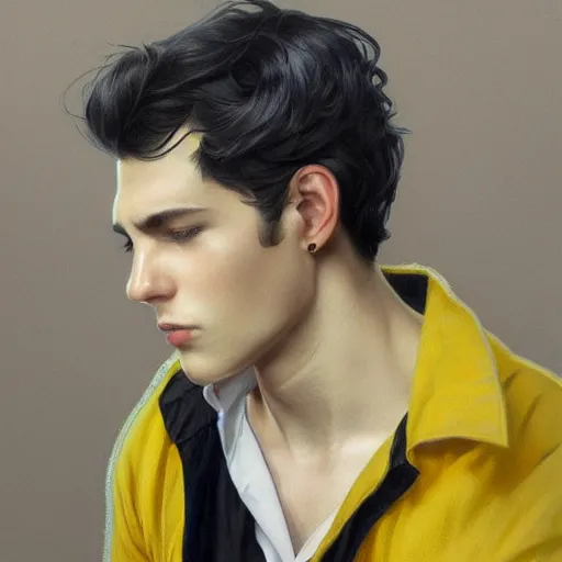 Image similar to ultra realistic illustration, a young man with black hair, in a checkered yellow and black shirt, with blue eyes, highly detailed, digital painting, artstation, concept art, smooth, sharp focus, illustration, art by artgerm and greg rutkowski and alphonse mucha