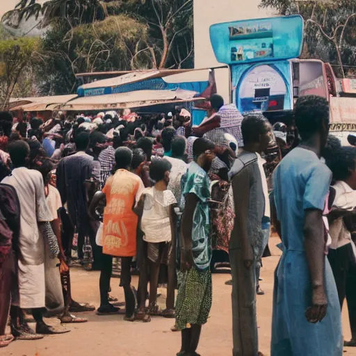 Image similar to old polaroids of futuristic african bus stops with informal sellers and digital screens, big crowd, robotic police guards watch over the crowd