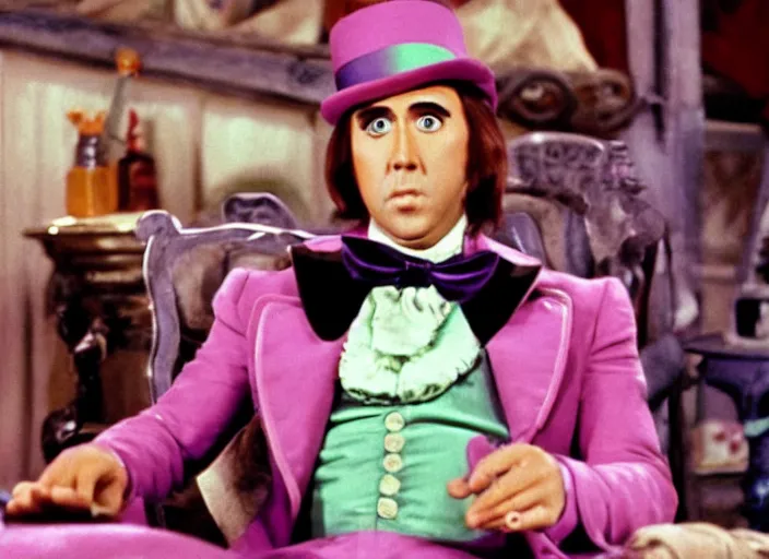 Prompt: film still of Nicolas Cage as Willy Wonka in Willy Wonka and the Chocolate Factory 1971