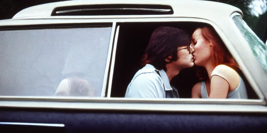 Prompt: 1 9 7 0 s car window closeup, young man and woman kissing in the back seat, coloured film photography, elliott erwitt photography