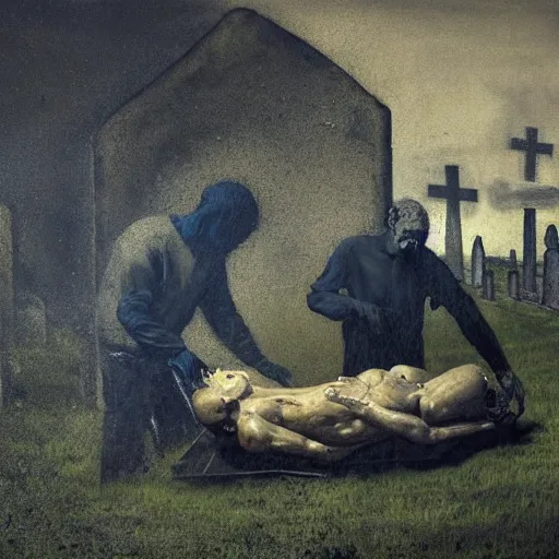 Image similar to one man in a cemetery digging up a dead body, by nicola samori, painting, 8 k, high detail, blue, orange, and dark green tones, high quality, sad feeling, high detail, dark colors, sinister atmosphere, dramatic lighting, cinematic, establishing shot, extremely high detail, photo realistic, cinematic lighting