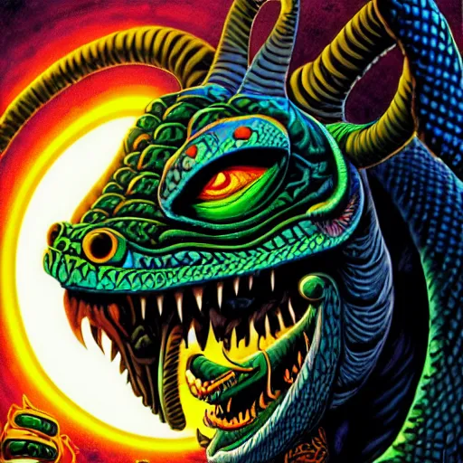 Image similar to side profile of barong family member, wiwek, mara demon, one single tribe member, jungle, one single mask, dark, ancient warrior, snake, bull, lizard, alien, dragon, tribal, inner glow, art by dan mumford and justin gerard