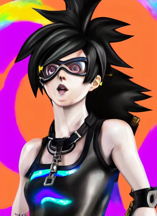 Image similar to full body digital artwork of tracer overwatch, wearing black iridescent rainbow latex tank top, 4 k, expressive happy smug expression, makeup, in style of mark arian, wearing detailed black leather collar, wearing chains, black leather harness, leather cuffs around wrists, detailed face and eyes,