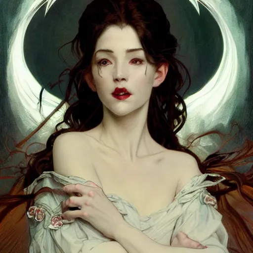 Image similar to portrait of a menacing beautiful vampire, by Stanley Artgerm Lau , greg rutkowski, thomas kindkade, alphonse mucha, loish, norman rockwell, J. C. Leyendecker. blinding white hair, pale skin, sinister complexion, beautiful detailed eyes, rose. D&D, fantasy. Trending on artstation rule of thirds extremely detailed illustration hd 4k