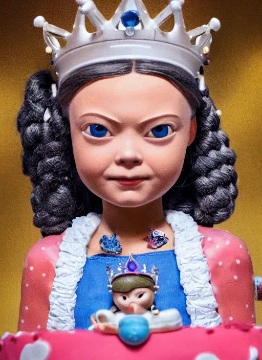 Image similar to closeup face profile portrait of tin toy greta thunberg as a nurse princess wearing a crown eating cakes, bikini, depth of field, zeiss lens, detailed, symmetrical, centered, fashion photoshoot, by nicoletta ceccoli, mark ryden, lostfish, breathtaking, 8 k resolution, extremely detailed, beautiful, establishing shot, artistic, hyperrealistic, octane render