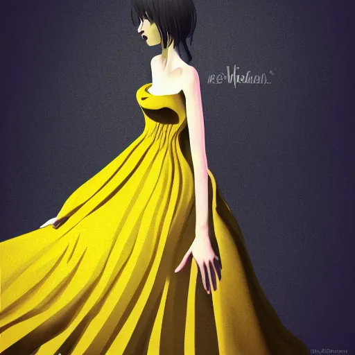 Image similar to a woman wearing a yellow dress with one leg revealed, detailed body and face with pink lips and blue eyes, gothic atmosphere, digital art, highly detailed, high contrast, beautiful lighting, award winning, trending on art station, photorealistic, 8 k,