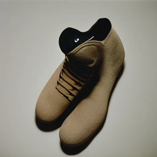 Image similar to a photoshoot of A Nike sneaker boot designed by Dieter Rams, minamalist, realistictic, color film photography by Tlyer Mitchell, 35 mm, graflex