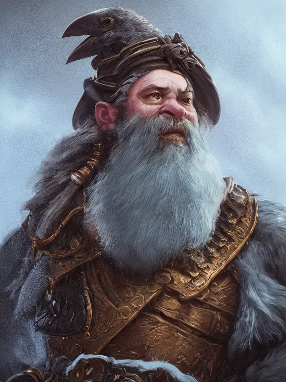 Prompt: High Fantasy Dwarf with his Raven, RPG Portrait Reference, Oil Painting, Trending on Artstation, octane render, Insanely Detailed, 8k, HD
