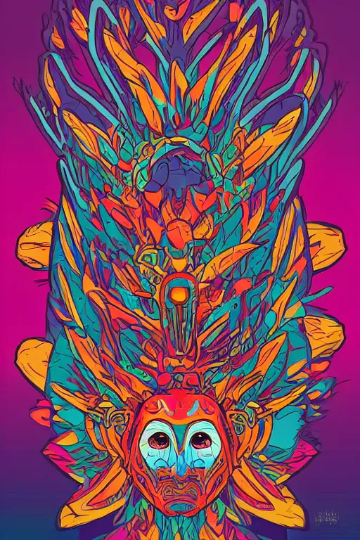 Image similar to animal mask totem roots flower tribal feather gemstone plant wood rock shaman vodoo video game vector cutout illustration vivid multicolor borderlands comics by josan gonzales and dan mumford radiating a glowing aura