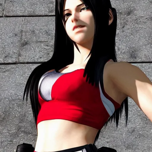 Image similar to Tifa Lockhart from Final Fantasy VII Remake looking at the Italian flag and chuckling to herself