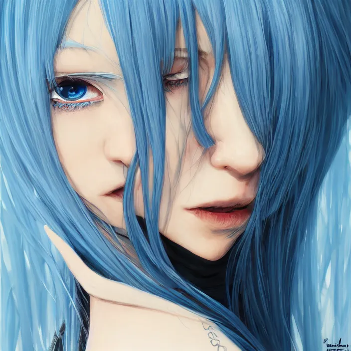 Image similar to full face shot of rimuru tempest, sky blue straight hair, long bangs, with amber eyes, wearing a black jacket, high collar, ultra detailed, concept art, award winning photography, digital painting, cinematic, wlop artstation, closeup, pixiv, evil, yoshitaka amano, andy warhol, ilya kuvshinov,