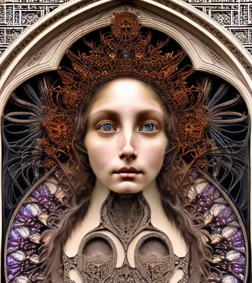 Image similar to hyperrealistic detailed face portrait of a beautiful young goddess morphing into a gothic cathedral, authentic ornamental architecture, intricate and highly detailed, awe inspiring art by ernst haeckel, h. r. giger, alphonso mucha, android jones, james jean, gothic, neo - gothic, heavily ornamental, nice deep colours,