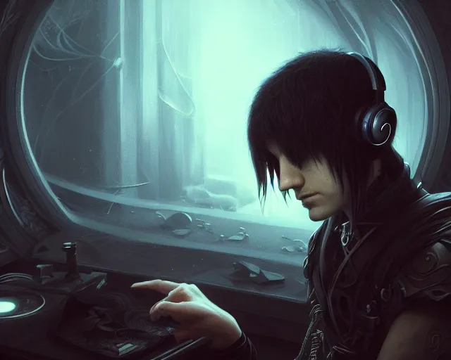 Prompt: a 4 k cinematic screenshot still portrait of a emo in a dark liminal space room listening to music wearing headphones, deep focus, d & d, fantasy, intricate, elegant, highly detailed, digital painting, artstation, concept art, matte, sharp focus, illustration, dark fantasy style art, hearthstone, art by artgerm and greg rutkowski and alphonse mucha