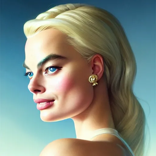 Image similar to a beautiful portrait of margot robbie as cute barbie ; crisp sharp focus ; ultra realistic, concept art, intricate details, stunning model, highly detailed, photorealistic, octane render, 8 k, unreal engine. art by artgerm and greg rutkowski and charlie bowater and magali villeneuve and alphonse mucha