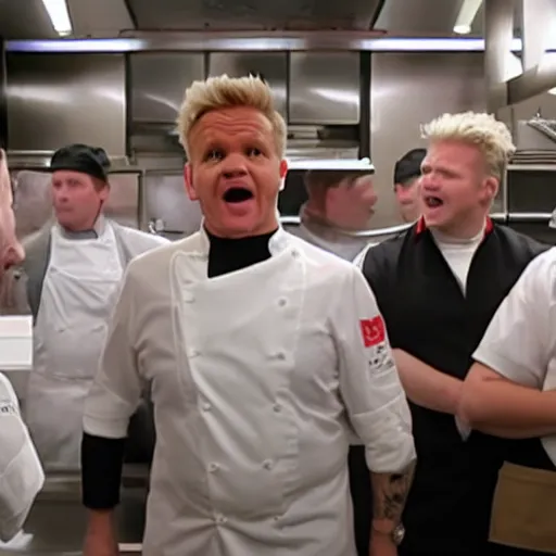 Image similar to gordon ramsay yelling at burger king employees in the burger king kitchen on kitchen nightmares. the employees are lined up and in their burger king uniforms. 4 k broadcast