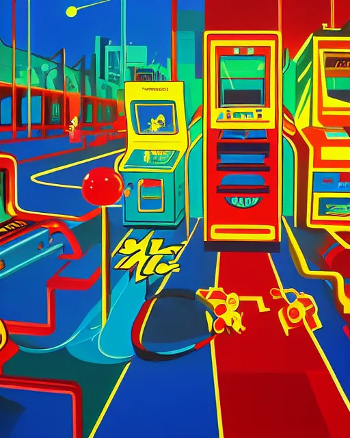 Image similar to arcade start screen. retro technology, 9 0 s colors and shapes, wayne barlow, oil on canvas, deep depth of field, masterpiece, cinematic composition, hyperdetailed