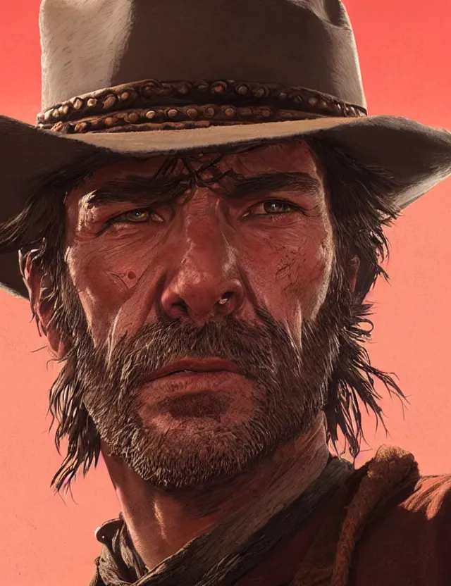 Image similar to close face portrait of an old male cowboy as red dead redemption 2 concept art, art by ryo shiotani and greg rutkowski, intricate, beautiful, cute, cinematic lighting, vintage art by serge ivanoff, high resolution, very detailed