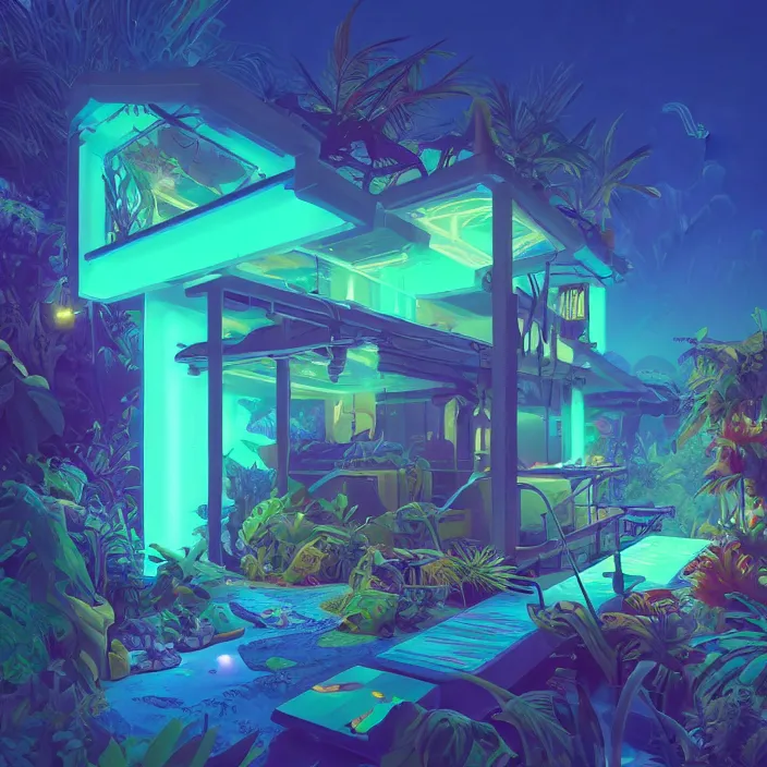 Image similar to a bioluminescent neon tropical cottage by paolo eleuteri serpieri and tomer hanuka and chesley bonestell and daniel merriam and tomokazu matsuyama, unreal engine, high resolution render, featured on artstation, octane, 8 k, highly intricate details, vivid colors, vector illustration