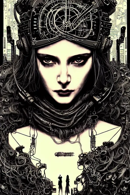 Prompt: dreamy cyberpunk girl in vr headset, black long hair, heavy metal robe, beautiful woman, detailed acrylic, grunge, intricate complexity, by dan mumford and by alberto giacometti, arthur rackham