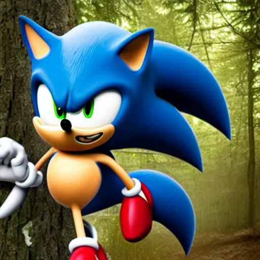 Prompt: sonic with very sharp teeth and blood streaming down his eyes in a creepy forest at night, badly lit, scary, 4k, disgusting