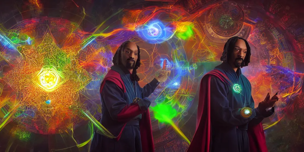 Image similar to snoop dogg as doctor strange, multiple dimensions, green light, marijuana leaves, marijuana, highly detailed, environmental light, cinematic by francis tneh, magic, making a spell, sharp focus, hyperdetailed, artstation, cgsociety, 8 k