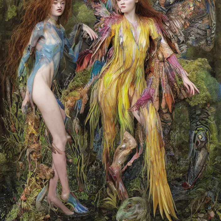 Prompt: a fashion editorial of sadie sink with hooves as a brightly colored eagle amphibian hybrid super hero witch with wet translucent mutated scaled skin. wearing a infected organic dress. by tom bagshaw, donato giancola, hans holbein, walton ford, gaston bussiere, peter mohrbacher, brian froud and iris van herpen. 8 k, cgsociety