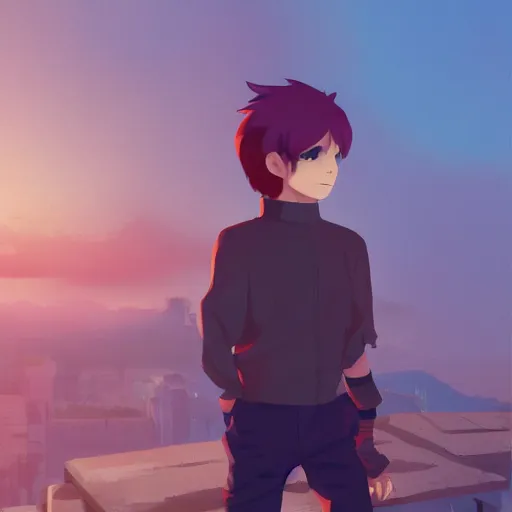 Image similar to red haired teen boy, standing a ledge, konohagakure in the background, digital painting, artstation, highly detailed, by makoto shinkai and thomas kindle and James gilleard