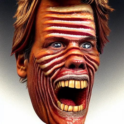 Image similar to ultra detailed kevin bacon on a slice of bacon in a hamburger rendered by octane digital painting inspired by arcimboldo