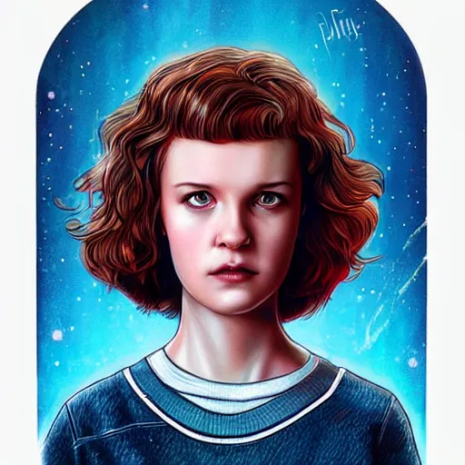 Prompt: potrait of Eleven from Stranger things by ((Anna Dittmann)),fantasy, digital