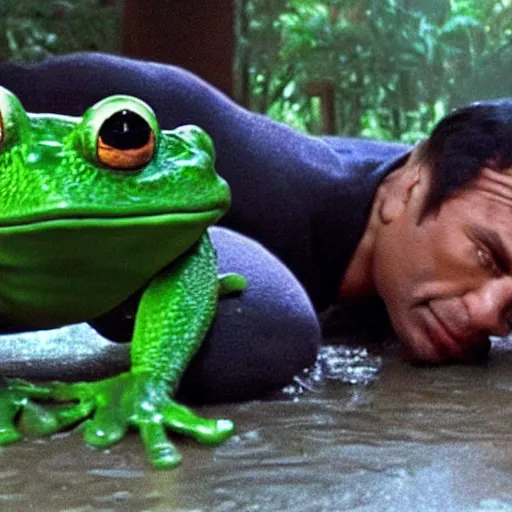 Image similar to dwayne johnson wrestling a big strong frog, pepe the frog, toad, film still by martin scorsese and quentin tarantino, award winning, 8 k