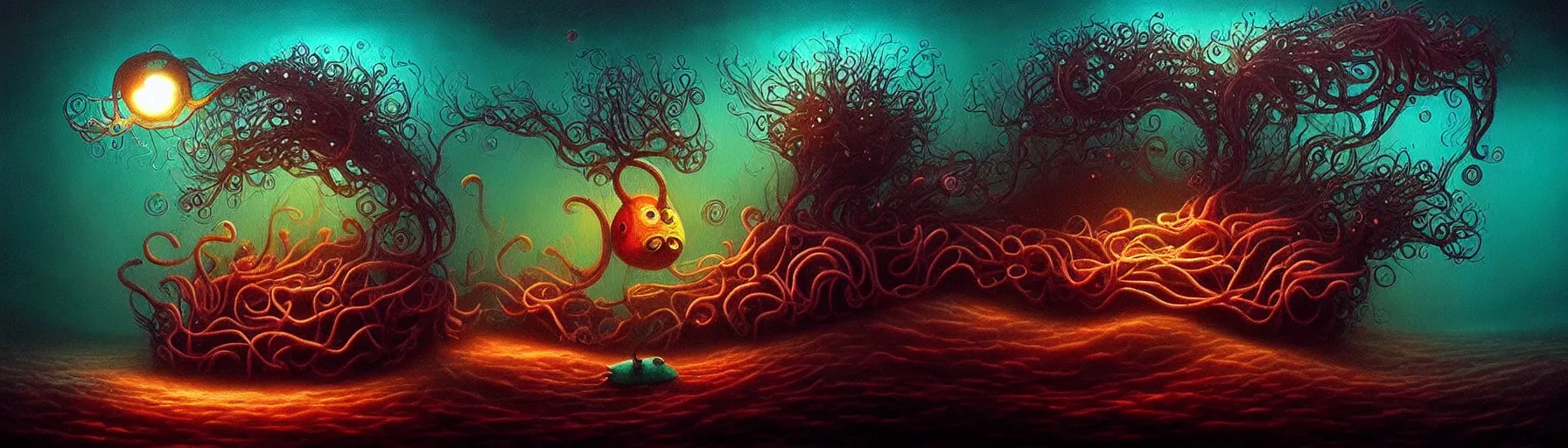 Image similar to whimsical strange small sea creatures from the depths of the imaginal realm, dark eerie dramatic lighting, detailed and atmospheric surreal darkly colorful painting by ronny khalil