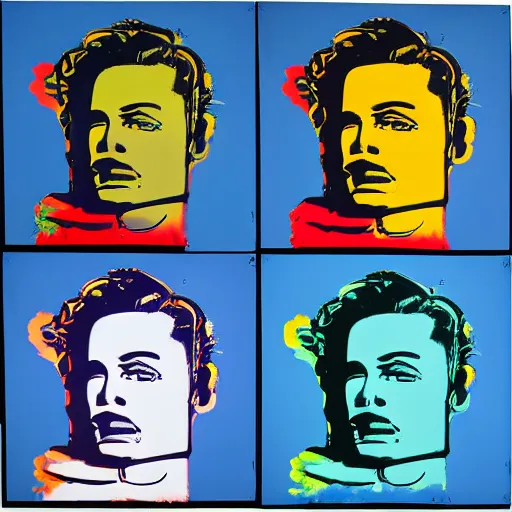 Prompt: old robot, 6 panels by andy warhol, with highly contrasted colors and an illuminating background