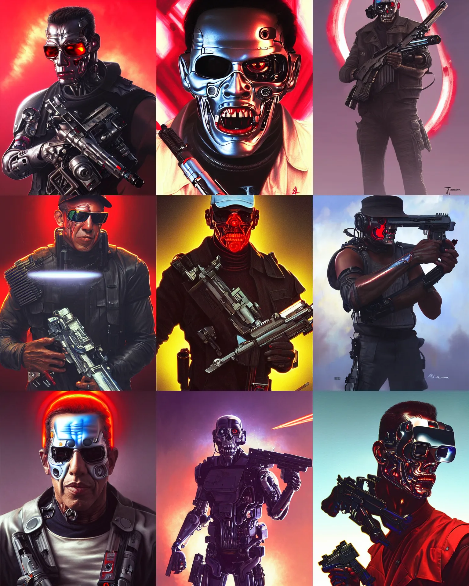 Prompt: adriano celentano as terminator, vaporwave, one eye red, vulcaon machine gun, cigar, highly detailed, digital painting, artstation, concept art, smooth, sharp focus, illustration, art by artgerm and greg rutkowski and alphonse mucha