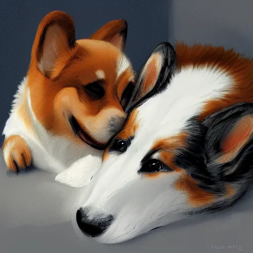 Prompt: a corgi comforting another sad corgi, digital art, artstation