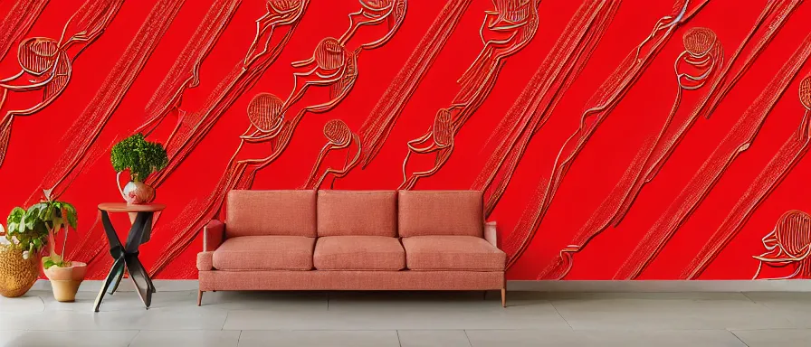 Image similar to a beautiful 4 k hd red wall paper illustration of roasted string hotpot, red wallpaper design, simple style, gourmet style, commercial kebab hotpot wallpaper display, wall painting, from china, with merchant logo, simple structure, surrealistic, chinese style, victo ngai, james jean, denoise, deblurring