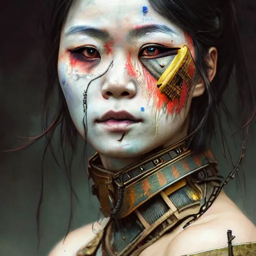 Image similar to portrait painting of a post - apocalyptic japanese lady with warpaint on her face wearing scrap samurai armor, ultra realistic, concept art, intricate details, eerie, highly detailed, photorealistic, octane render, 8 k, unreal engine. art by artgerm and greg rutkowski and charlie bowater and magali villeneuve and alphonse mucha