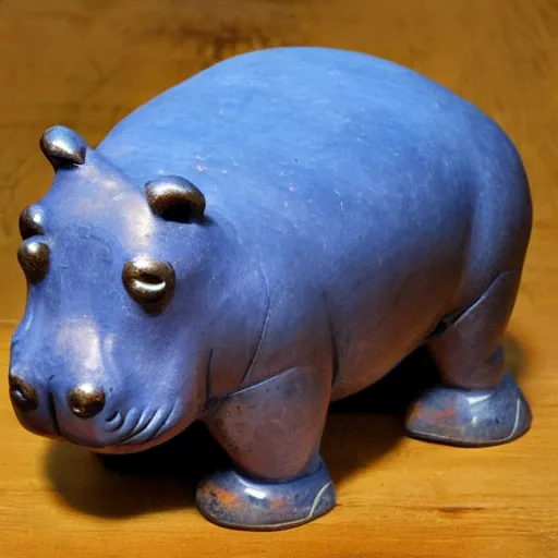 Image similar to small hippo statue, wood blocks bottom hippo body, blue chrome top hippo body, by a genius craftsman, highly detailed