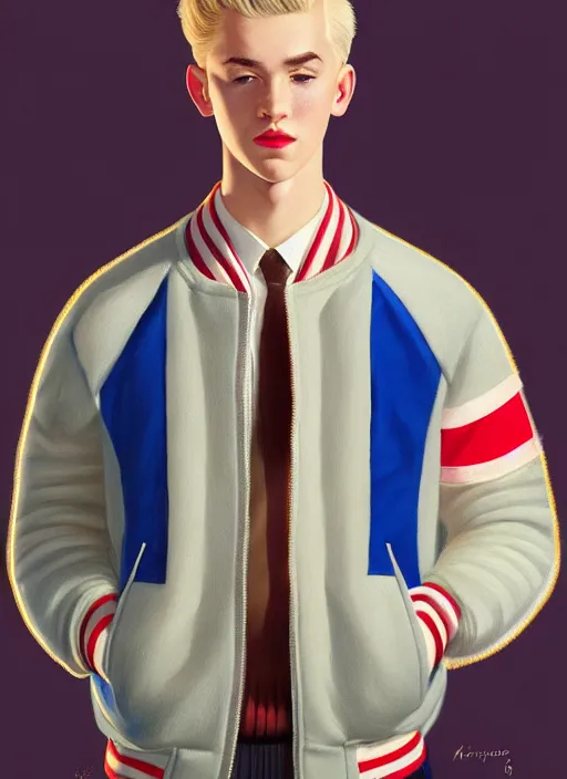 Image similar to portrait of a high school senior boy named moose mason, blonde short hair, jock, beefy, square jaw, square facial structure, 1 9 5 0 s, blue varsity jacket, intricate, elegant, glowing lights, highly detailed, digital painting, artstation, concept art, smooth, sharp focus, illustration, art by wlop, mars ravelo and greg rutkowski