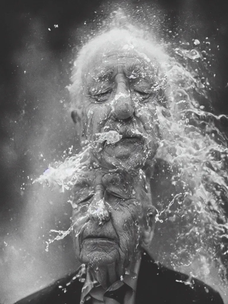 Prompt: Analog photographic portrait with 50 mm lens and f/1.2 of a 90 years old man with his eyes closed and spurting a white viscous fluid floating in the air. With a slight variation in the face and the liquid and the light.