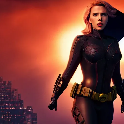 Image similar to scarlett johansson's batman, full pose, with cape, cape, cape, full length body shot, in a serene foreground, in a serene background