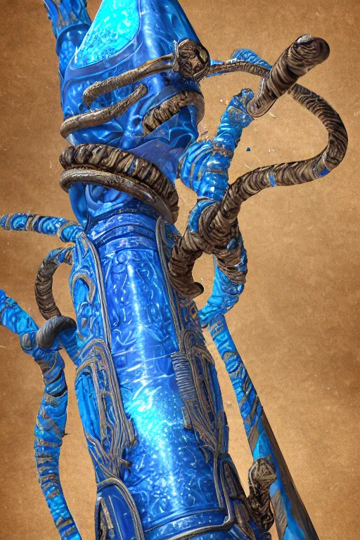 Image similar to an ornate and royal egyptian old twisted ornate carved wooden wizards staff weapon with a radiant blue crystal on top tip hovering, unreal engine, hyper realism, realistic shading, cinematic composition, blender render, octane render, hdr, detailed textures, photorealistic, 3 5 mm film, fantasy greg rutkowski digital painting, giger